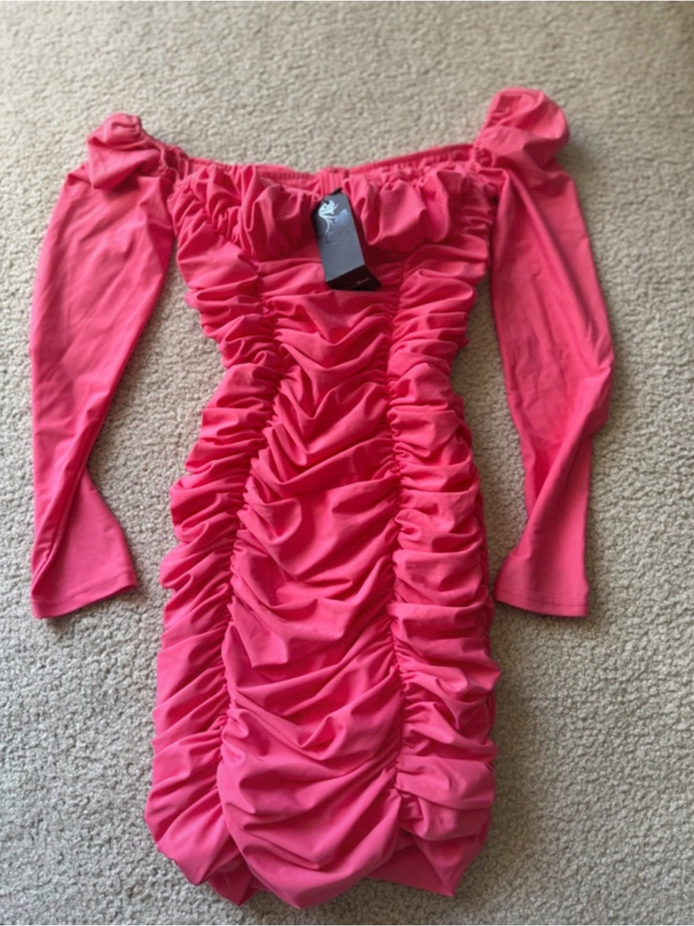 Allure Hot Pink Ruched Off-Shoulder Long Sleeve Dress y2k - NWT